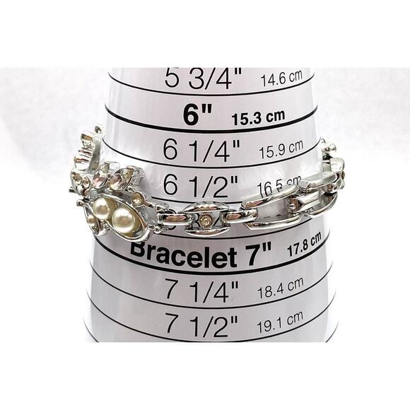 Kramer of NY Bracelet Vintage Silver Tone Faux Pearls Rhinestones 6.5” - Picture 2 of 14
